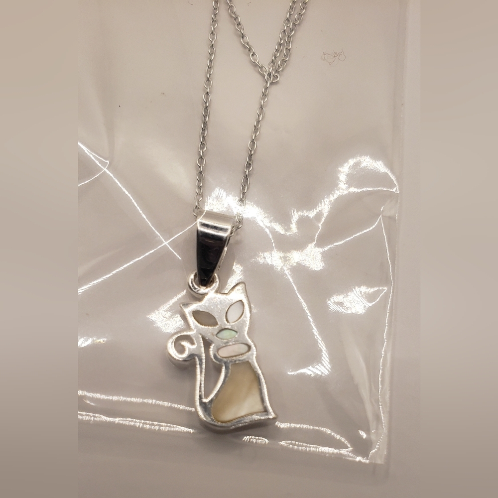 925 opal Cat Charm Necklace Sterling Silver